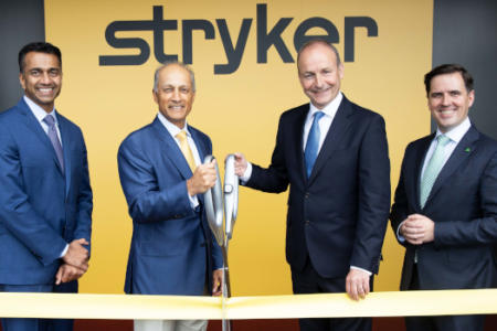 Viju Menon and Kevin Lobo, Stryker; An Taoiseach, Micheál Martin; and Martin Shanahan, IDA Ireland