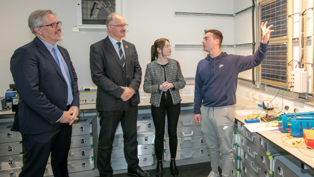 Pictured (L-R): Brendan Cannon, Amazon Web Services; David Fitzpatrick, President of TU Dublin; Joanne Reynolds, Amazon Web Services; and TU Dublin student Dylan Wray