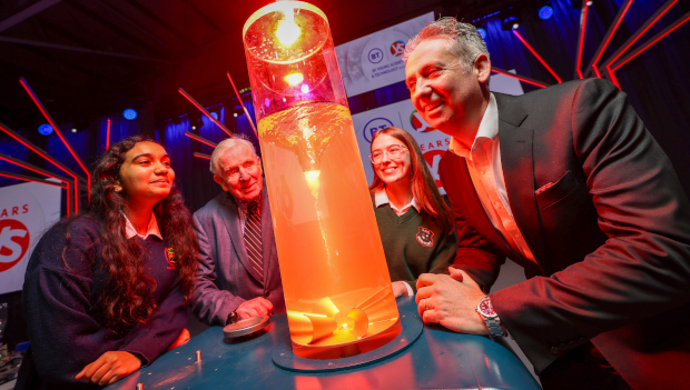 Pictured: Dr Tony Scott; Shay Walsh, BT Ireland; and students Rosheen Sharma, Rockford Manor Secondary School, Blackrock, Dublin and Luise May Luxardi, Loreto High School Beaufort, Rathfarnham, Dublin