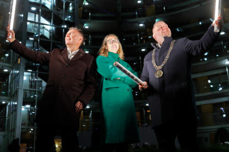 Pictured: John Keaney and Suzanne Tracy, Siro, and Lord Mayor of Dublin Daithi de Roiste