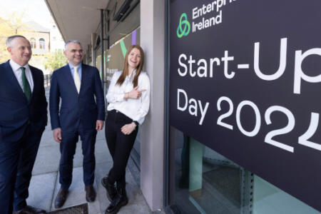 Pictured: Leo Clancy, Enterprise Ireland; Minister of State for Trade Promotion, Digital and Company Regulation Dara Calleary; Emma Meehan, Precision Sports Technology