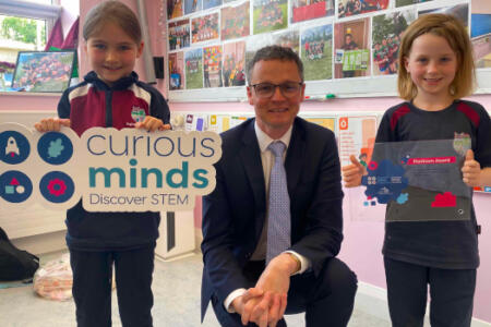 Pictured: Minister for Further and Higher Education, Research, Innovation and Science, Patrick O’Donovan with 1st class pupils, Ellie and Ellie, from Kilbehenny National School, Co Limerick