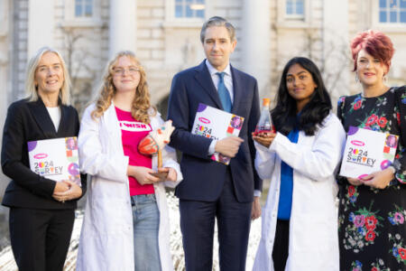 Pictured: Gillian Keating, I Wish; transition year student Julianne Diskin; An Taoiseach Simon Harris; Jahnavi Reddy Tumma; and Caroline O'Driscoll, I Wish