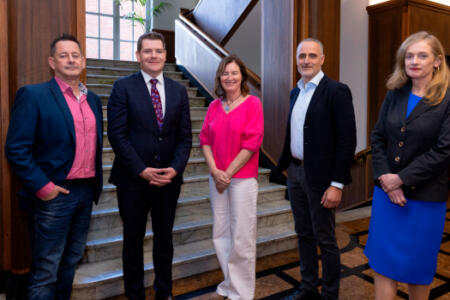 Pictured: Paul Conneally, Slick+; Minister Peter Burke; Linda Hegarty, Slick+; Gianni Matera, Growing Capital; Marina Donohoe, Enterprise Ireland