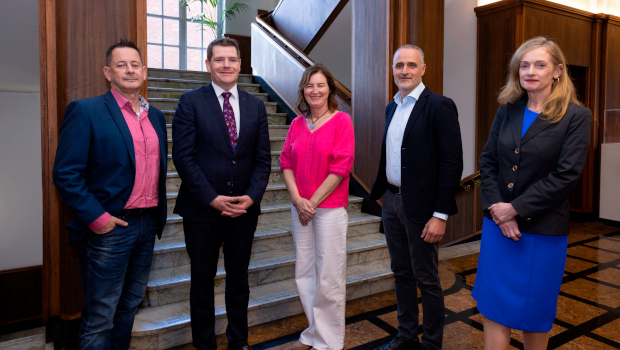 Pictured: Paul Conneally, Slick+; Minister Peter Burke; Linda Hegarty, Slick+; Gianni Matera, Growing Capital; Marina Donohoe, Enterprise Ireland