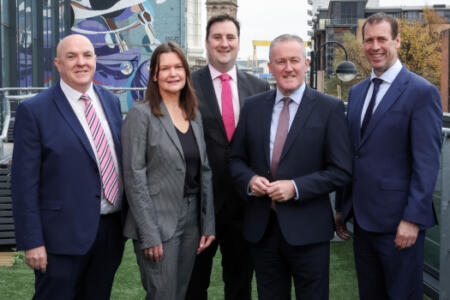 Pictured: John Molloy, Yvonne Meijerhof, Conal O’Donnell, Ergo; Economy Minister for Northern Ireland Conor Murphy; and Steve Harper, Invest NI