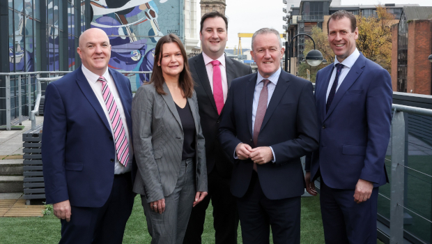 Pictured: John Molloy, Yvonne Meijerhof, Conal O’Donnell, Ergo; Economy Minister for Northern Ireland Conor Murphy; and Steve Harper, Invest NI