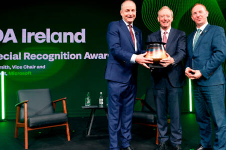 Pictured: An Taoiseach Micheál Martin; Brad Smith, Microsoft; Michael Lohan, IDA Ireland